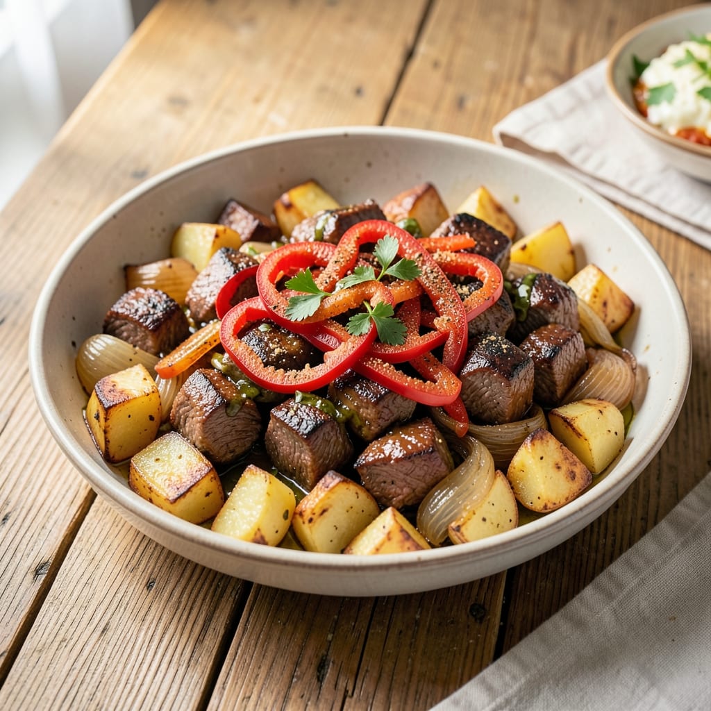 Baked Roast Beef Hash Recipe: Crispy Potato Crown Over Savory Meat Bites