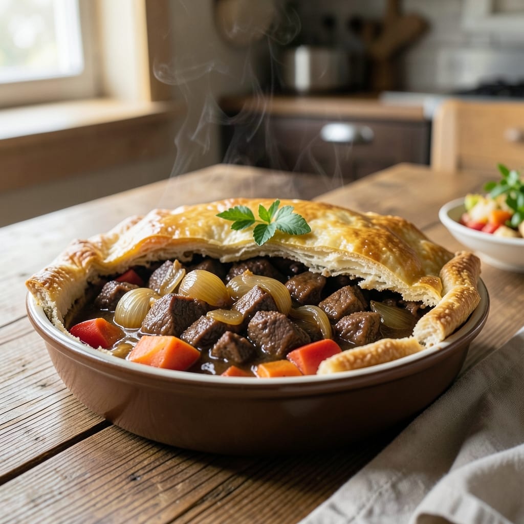 Basic Beef Pie Recipe: Flaky Pastry Crust Over Savory Meat Filling