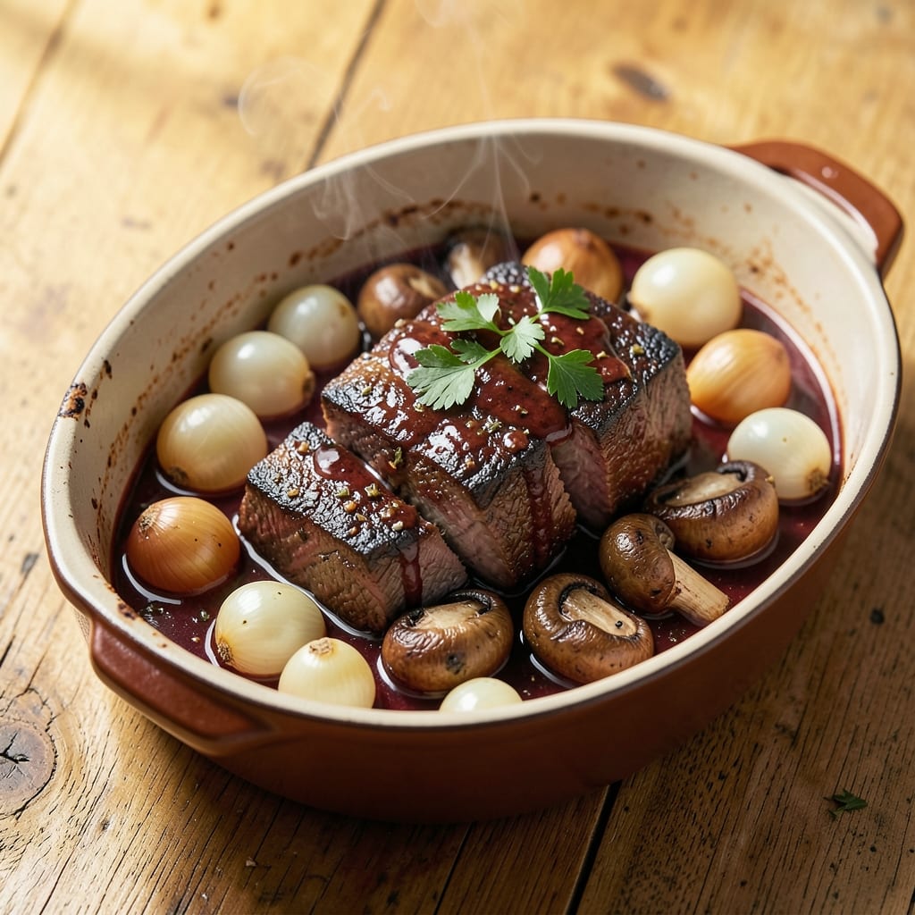 Barefoot in Paris Beef Bourguignon Recipe: Deep Red Wine Braise with Mushroom Umami