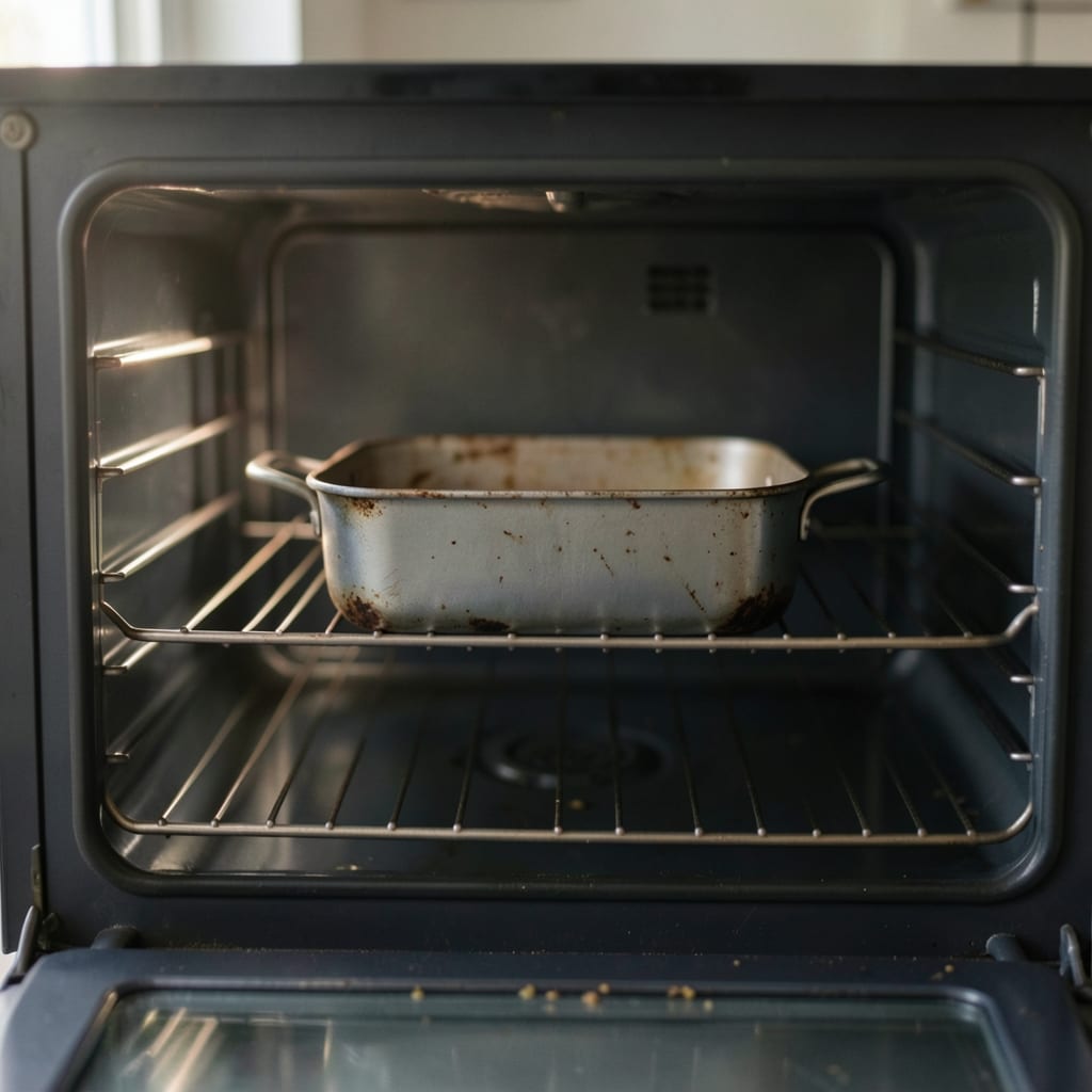 An ordinary home oven with one tin in it
