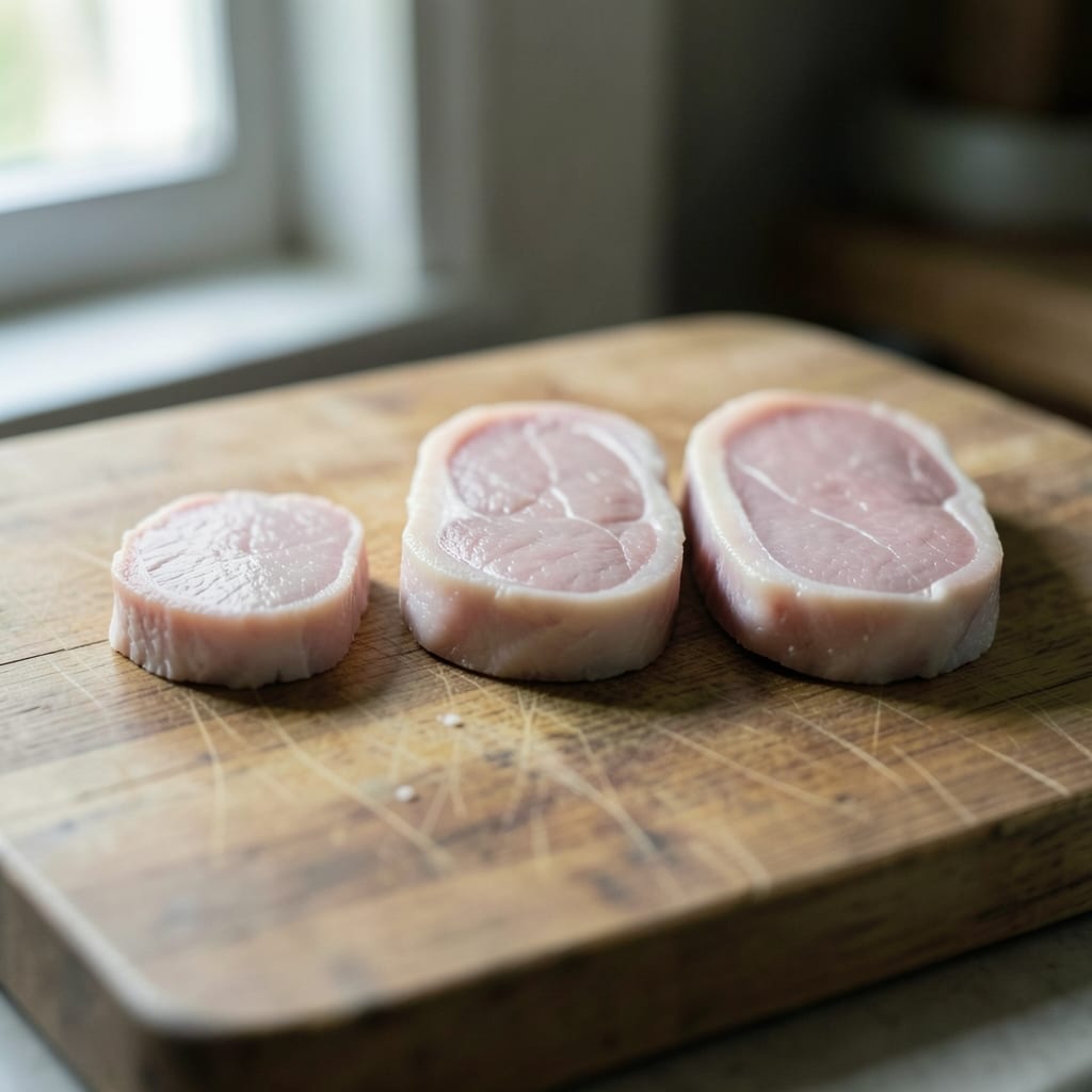 Three chops of different thickness, ready to be tested