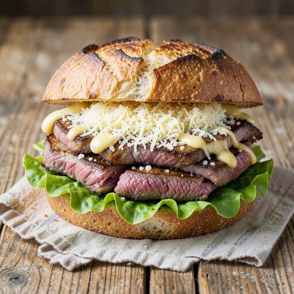 Asiago Roast Beef Sandwiches Recipe: Sharp Cheese Crust Over Juicy Sliced Meat